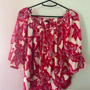 Colorful Pink and Red 3/4 Sleeve Tie Front Blouse